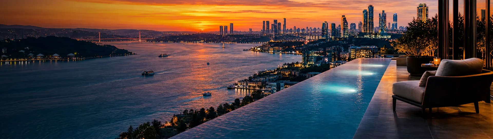 Istanbul skyline and Bosphorus at sunset from an infinity pool terrace